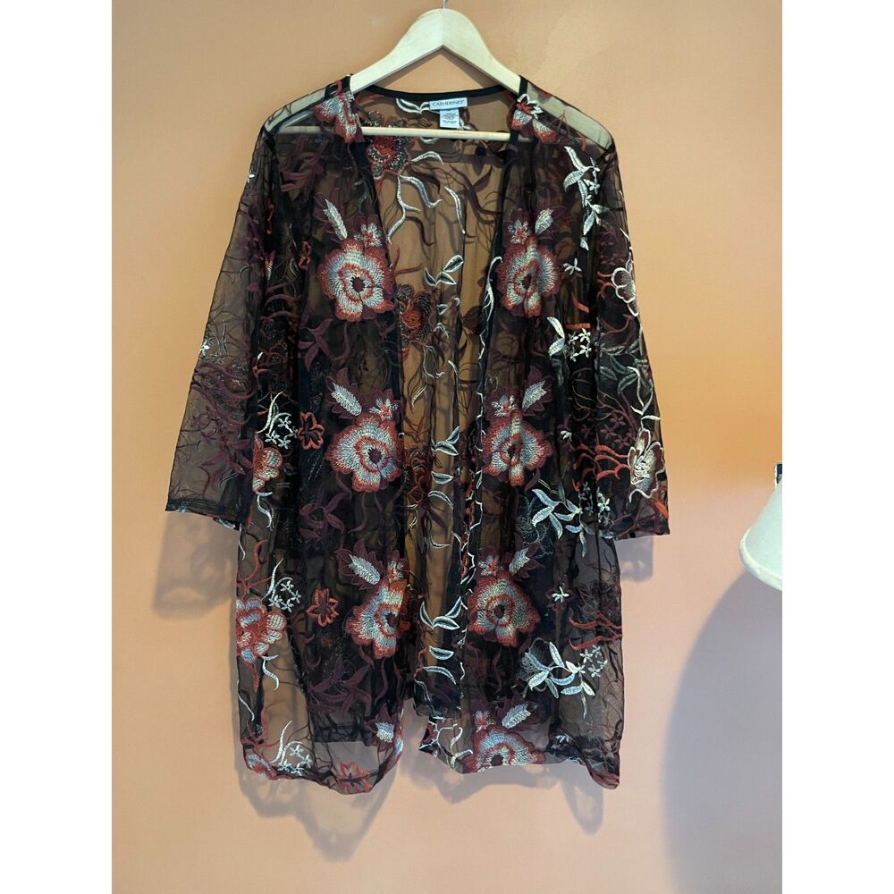 Catherines 3X Sheer Embroidered Floral Robe Black Mesh Romantic Boudoir Kimono